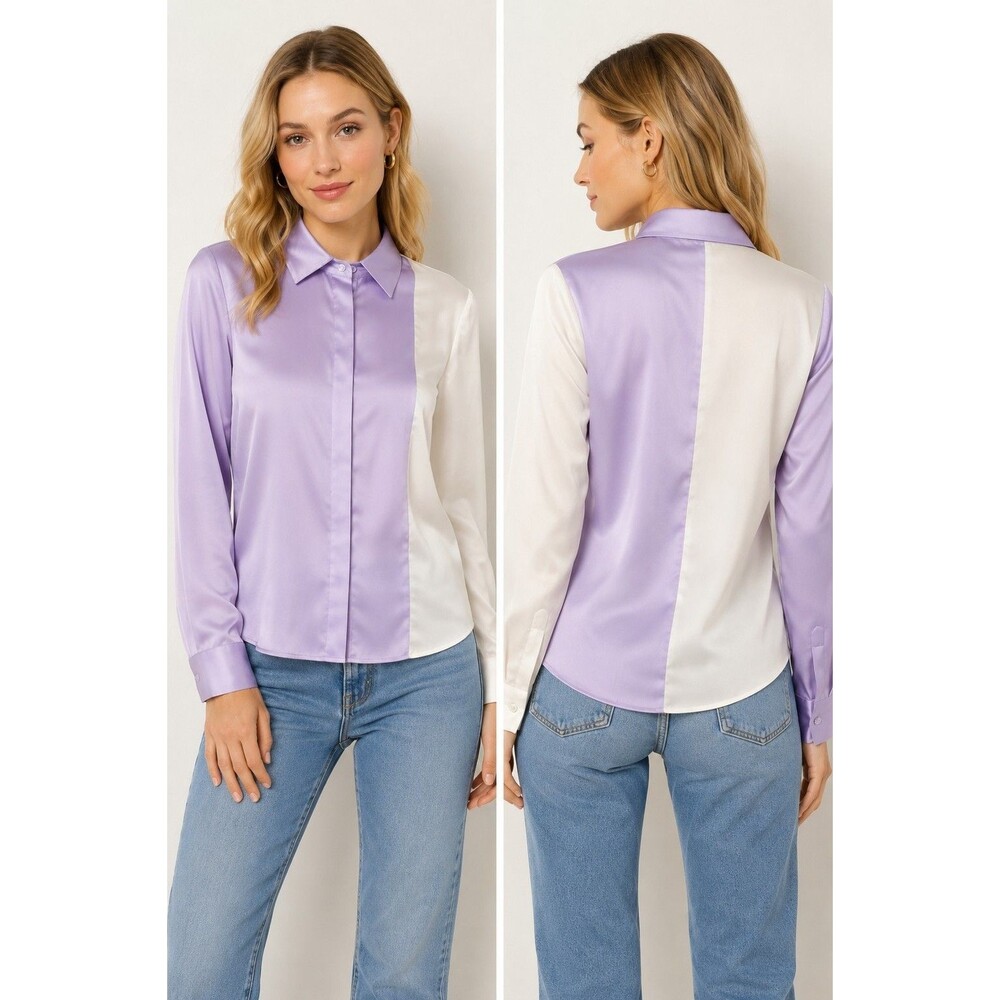 Alice + Olivia Willa Colorblock Silk Blouse XS Lavender Off White Button Down